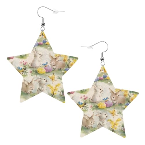 Vintage Blume Hase Ostern Drucke Leder Stern Ohrringe Anhänger Stilvoll und leicht leicht baumeln für Frauen Mädchen Einheitsgröße Leder ohne Edelstein von YYHHAOFA