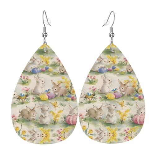 Vintage Blume Hase Ostern Drucke Leder Tropfen Ohrringe Anhänger Stilvoll und leicht leicht baumeln für Frauen Mädchen Einheitsgröße Leder ohne Edelstein von YYHHAOFA
