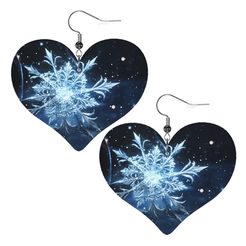 Weihnachts-Schneeflocken-Drucke, Leder-Herz-Ohrringe, Anhänger, stilvoll und leicht, baumelnd für Frauen und Mädchen, Einheitsgröße, Leder, kein Edelstein von YYHHAOFA