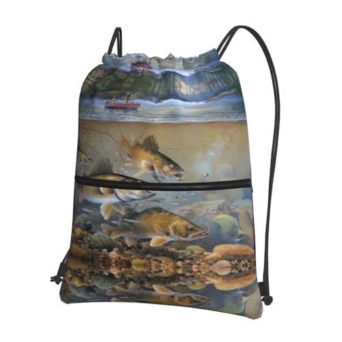 YYHHAOFA Angelsee, Fischerbild, Outdoor, Freizeit, Reißverschluss, Kordelzug-Rucksack: wasserdicht, stark, leicht, 45,7 x 38,9 cm, Schwarz, Einheitsgröße von YYHHAOFA