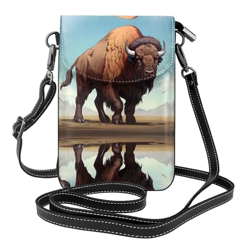 YYHHAOFA Cartoon American Bison Pattern Kleine Leder Damen Crossbody Flip Phone Tasche, Wasserdicht und Langlebig von YYHHAOFA