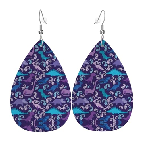 YYHHAOFA Cartoon-Dinosaurier-Drucke, Leder-Tropfen-Ohrringe, Anhänger, stilvoll und leicht, baumelnd für Frauen und Mädchen, Einheitsgröße, Leder, kein Edelstein von YYHHAOFA