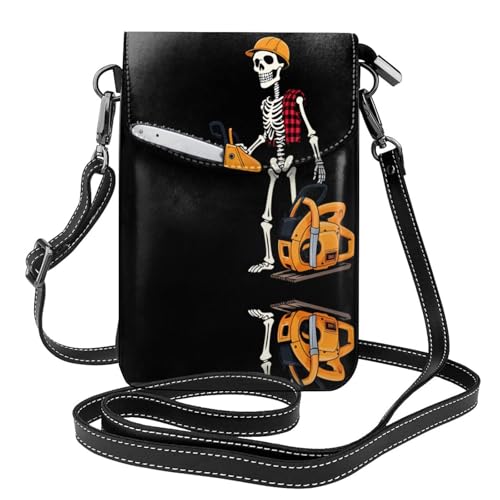 YYHHAOFA Chainsaw Lumberjack Skelett Muster Kleine Leder Damen Crossbody Flip Phone Bag Wasserdicht und Langlebig von YYHHAOFA