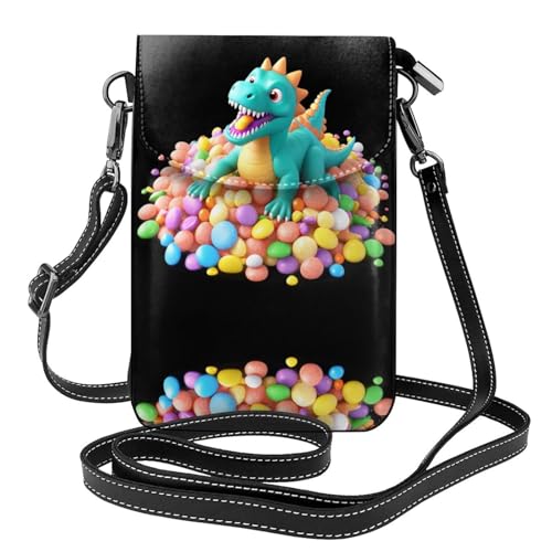 YYHHAOFA Dinosaurier-Spielzeug in einem Haufen Bonbon-Muster, kleine Leder-Umhängetasche, Flip-Handytasche, wasserdicht und langlebig von YYHHAOFA