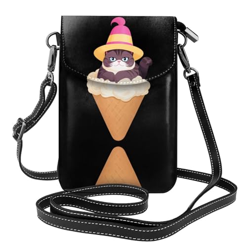 YYHHAOFA Fat Cat sitzt auf Eiscreme-Muster, kleine Leder-Umhängetasche, Flip-Handytasche, wasserdicht und langlebig von YYHHAOFA