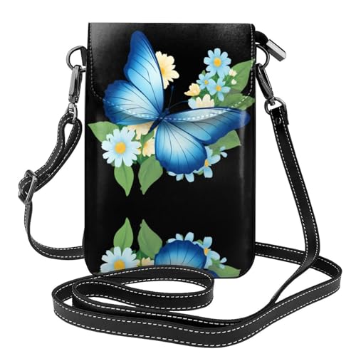 YYHHAOFA Fluoreszierendes Schmetterlings-in-Blumen-Muster, kleine Leder-Umhängetasche, für Damen, Flip-Handytasche, wasserdicht und langlebig von YYHHAOFA