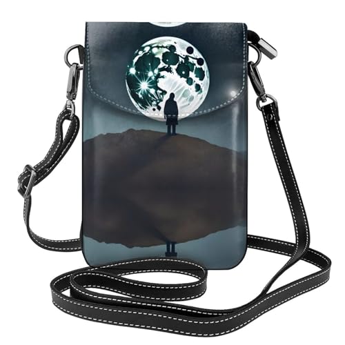 YYHHAOFA Full Moon In Night Pattern Kleine Leder Damen Crossbody Flip Phone Tasche, Wasserdicht und Langlebig von YYHHAOFA