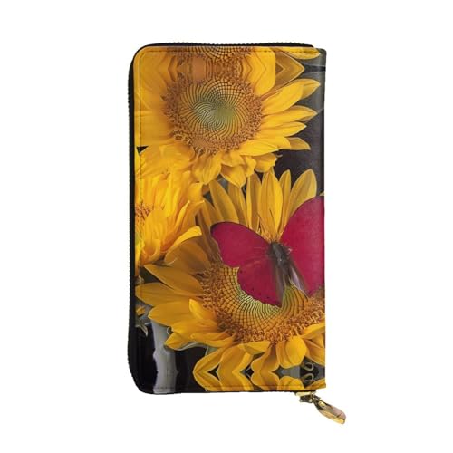 YYHHAOFA Gelbe Sonnenblumen mit roten Schmetterlingen, lange Clutch-Geldbörse, Leder, bequem, leicht, wasserdicht, langlebig, 19 x 10,5 cm, Schwarz, Einheitsgröße, Schwarz , Einheitsgröße von YYHHAOFA