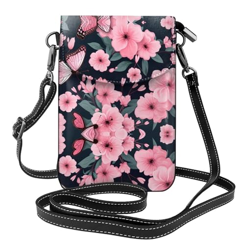 YYHHAOFA Kleine Damen-Umhängetasche, Leder, Motiv: rosa Blumen und Schmetterlinge, wasserdicht und langlebig von YYHHAOFA