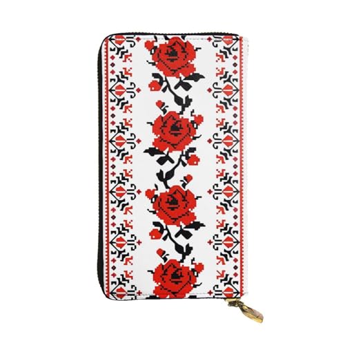 YYHHAOFA Lange Clutch-Geldbörse aus Leder mit ukrainischem Stickerei-Stil, Rosenmuster, bequem, leicht, modisch, langlebig, 7,48 x 10,5 cm, Schwarz , Einheitsgröße von YYHHAOFA