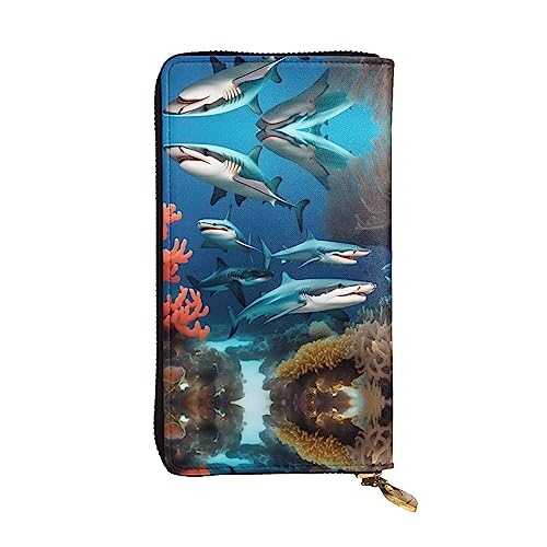 YYHHAOFA Lange Clutch aus Leder, Motiv: U-Boot-Haifisch-Korallen-Aufdruck: bequem, leicht, wasserdicht, langlebig, 19 x 10,5 cm, Schwarz, Einheitsgröße von YYHHAOFA