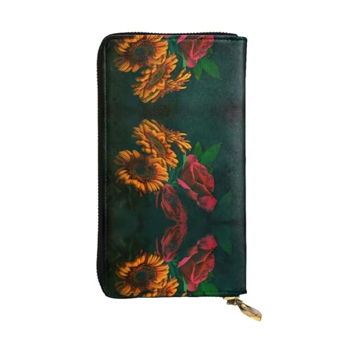 YYHHAOFA Lange Clutch aus Leder mit Sonnenblumen- und Rosenaufdruck: bequem, leicht, wasserdicht, langlebig, 19 x 10,5 cm, Schwarz, Einheitsgröße von YYHHAOFA