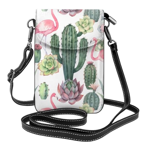 YYHHAOFA Leder-Umhängetasche, klein, 19,3 x 12,4 cm, rosa Flamingo, Sukkulenten, Bild für Wandern, Camping, Einkaufen, Reisen und den Außenbereich von YYHHAOFA