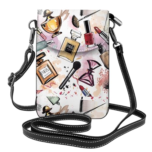 YYHHAOFA Leder-Umhängetasche, kleine Handy-Geldbörse, 19,3 x 12,4 cm, Kosmetik- und Make-up-Thema, Muster für Wandern, Camping, Einkaufen, Reisen und Outdoor von YYHHAOFA