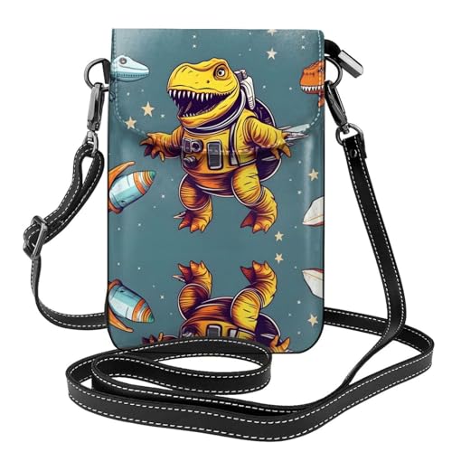 YYHHAOFA Lustige Astronauten Dinosaurier Rakete Muster Kleine Leder Damen Crossbody Flip Phone Tasche Wasserdicht und Langlebig von YYHHAOFA