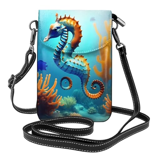 YYHHAOFA Seabed Coral Seepferdchen-Muster, kleine Leder-Umhängetasche, Flip-Handytasche, wasserdicht und langlebig von YYHHAOFA