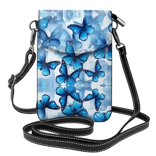 YYHHAOFA Viele blaue Schmetterlingsmuster, kleine Leder-Umhängetasche, Flip-Handytasche, wasserdicht und langlebig von YYHHAOFA