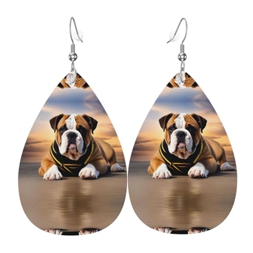 Englische Bulldogge Bild Tropfenohrringe Anhänger 2 Stück Stilvoll und leicht leicht baumeln für Frauen Mädchen Einheitsgröße Leder ohne Edelstein von YYHWHJDE