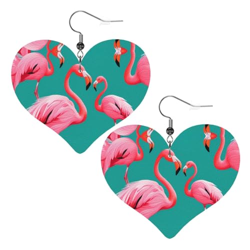 Schöne rosa Flamingo-Bild-Herz-Ohrringe, 2 Stück, stilvoll und schön, leicht, baumelnd für Frauen und Mädchen, Einheitsgröße, Leder von YYHWHJDE