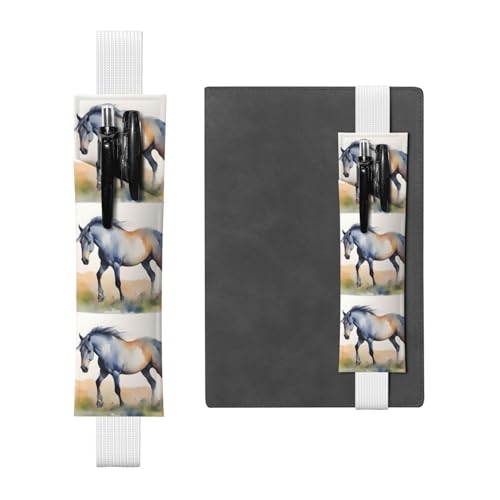 Schwarzer Leder-Stifthalter Lesezeichen YYHWHJDE Aquarell Pferd Drucke Verstellbares Gummiband 21,1–4,6 cm für Notizbücher, Tagebücher, Handbücher, Planer, weiß, Einheitsgröße von YYHWHJDE