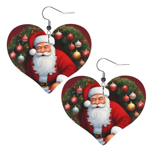 Weihnachts-Weihnachtsmann-Druck-Herz-Ohrringe, 2 Stück, stilvoll und schön, leicht, baumelnd für Frauen und Mädchen, Einheitsgröße, Leder von YYHWHJDE