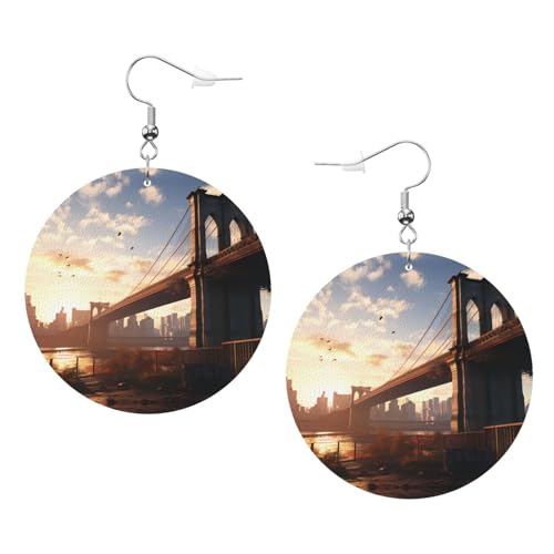 YYHWHJDE Brooklyn Bridge Bild Runde Ohrringe Anhänger 2 Stück Stilvoll und leicht baumeln für Frauen Mädchen Einheitsgröße Leder ohne Edelstein Weiß von YYHWHJDE
