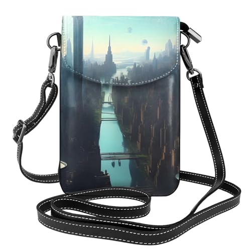 YYHWHJDE Cities of the Future Picture Damen Handy mit Leder Vorhaut Crossbody Flip Cover Kleiner Verstellbarer Schultergurt von YYHWHJDE