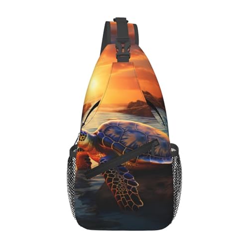 YYHWHJDE Cross-Brusttasche, diagonal, hochwertig, langlebig und geräumig, Schultertasche für Damen und Herren, Motiv: Meeresschildkröte, Sonnenuntergang, Schwarz, Einheitsgröße, Schwarz , von YYHWHJDE