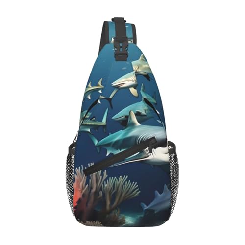 YYHWHJDE Cross-Brusttasche diagonal – hochwertige, langlebige und geräumige Umhängetasche für Damen und Herren, Haie unter dem Meer, bedruckt, Schwarz, Einheitsgröße, Schwarz , Einheitsgröße von YYHWHJDE