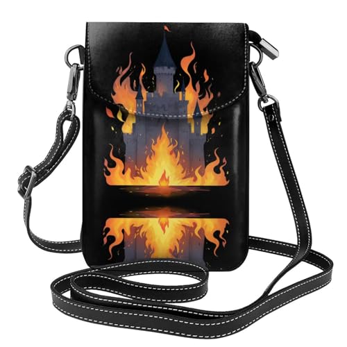 YYHWHJDE Das Schloss brennende Flammen Bild Damen Handy mit Leder Vorhaut Crossbody Flip Cover Kleiner Verstellbarer Schultergurt von YYHWHJDE
