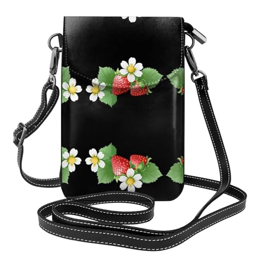 YYHWHJDE Erdbeere und Blumendruck Bild Damen Handy mit Leder Vorhaut Crossbody Flip Cover Kleiner Verstellbarer Schultergurt von YYHWHJDE