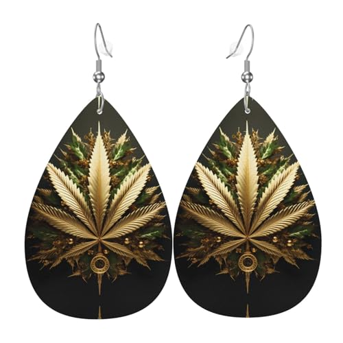 YYHWHJDE Goldene Cannabis-Muster Tropfenohrringe Anhänger 2 Stück Stilvoll und leicht leicht baumeln für Frauen Mädchen Einheitsgröße Leder ohne Edelstein Weiß von YYHWHJDE