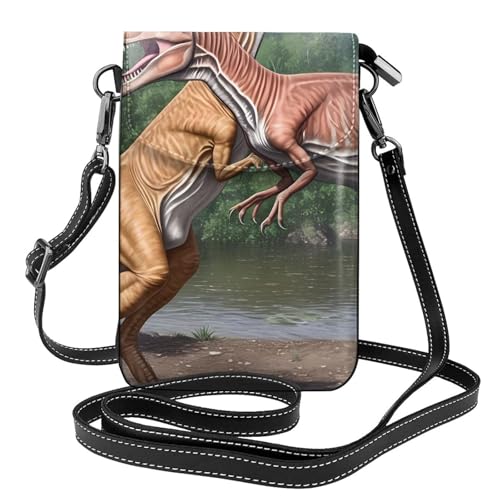 YYHWHJDE Kleine Handy-Geldbörse, 19,3 x 12,4 cm, Dinosaurier-Duell, Leder, Crossbody-Klappe, Handytasche für Damen, perfekt für Spaziergänge, Camping von YYHWHJDE