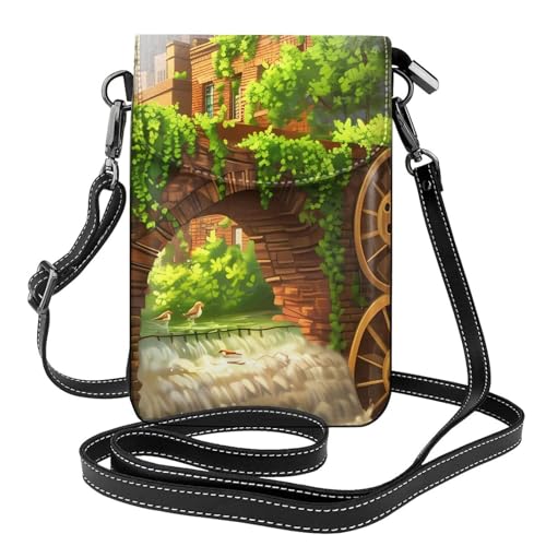 YYHWHJDE Kleine Handy-Geldbörse, 19,3 x 12,4 cm, Wasserrad-Bogen-Brückenmuster, Leder, Crossbody-Klappe, Handytasche für Damen, perfekt für Spaziergänge, Camping von YYHWHJDE