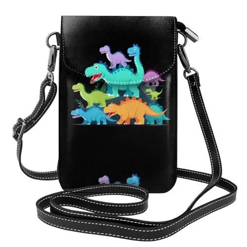 YYHWHJDE Kleine Handy-Geldbörse, 19,3 x 12,4 cm, gestapelt, buntes Dinosaurier-Muster, Leder, Crossbody-Klappe, Handytasche für Damen, perfekt für Spaziergänge, Camping von YYHWHJDE