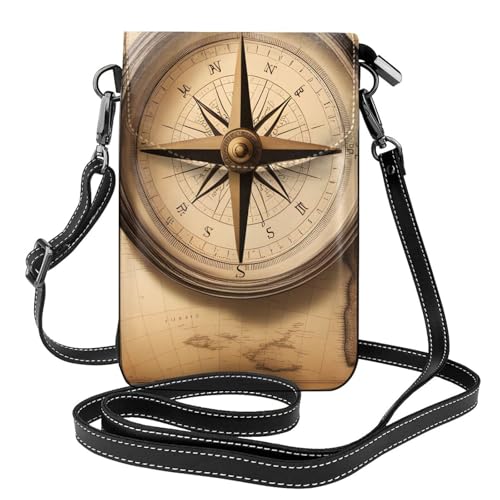 YYHWHJDE Kompass und Alte Weltkarte Bild Damen Handy mit Leder Vorhaut Crossbody Flip Cover Kleiner Verstellbarer Schultergurt von YYHWHJDE