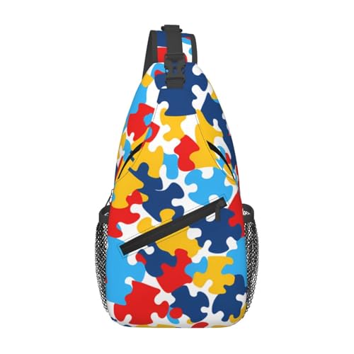 YYHWHJDE Kreuz-Brusttasche, diagonal, hochwertig, langlebig und geräumig, Umhängetasche für Männer und Frauen, Autismus-Bewusstsein, Puzzleteile, Herzdruck, Schwarz, Einheitsgröße, Schwarz , von YYHWHJDE