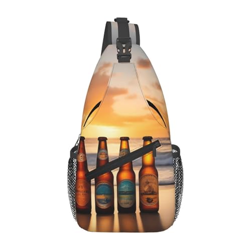 YYHWHJDE Kreuz-Brusttasche diagonal – hochwertige, langlebige und geräumige Umhängetasche für Damen und Herren Flaschen Bier Strand Sonnenuntergang Zeit Bild, Schwarz , Einheitsgröße von YYHWHJDE
