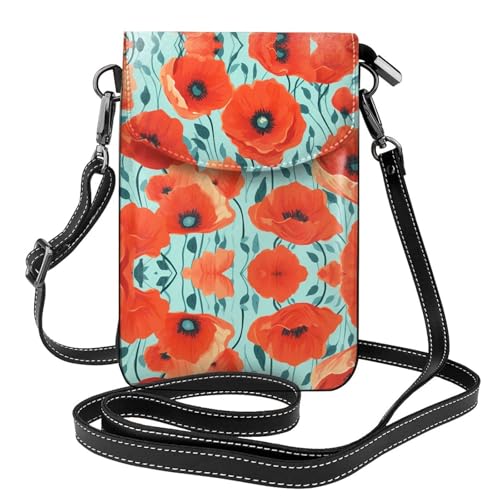 YYHWHJDE Mohnblumen Bild Damen Handy mit Leder Vorhaut Crossbody Flip Cover Kleiner Verstellbarer Schultergurt von YYHWHJDE