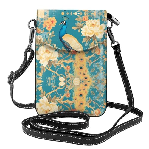 YYHWHJDE Orientalischer Pfau auf Blumenbaum Bild Damen Handy mit Ledervorhaut Crossbody Flip Cover Kleiner Verstellbarer Schultergurt von YYHWHJDE