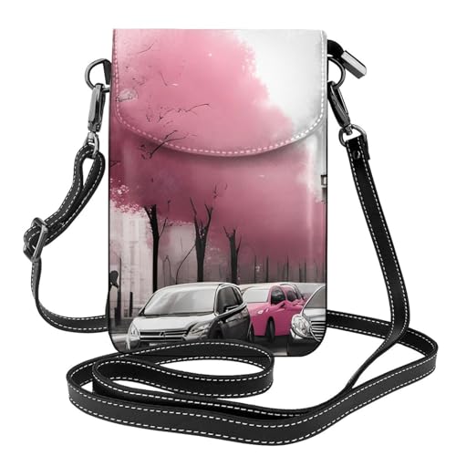 YYHWHJDE Paris Street Eiffelturm Pink Floral Picture Damen Handy mit Leder Vorhaut Crossbody Flip Cover Kleiner Verstellbarer Schultergurt von YYHWHJDE