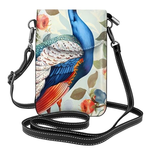 YYHWHJDE Schöne Pfau und Blumen Bild Damen Handy mit Leder Vorhaut Crossbody Flip Cover Kleiner Verstellbarer Schultergurt von YYHWHJDE