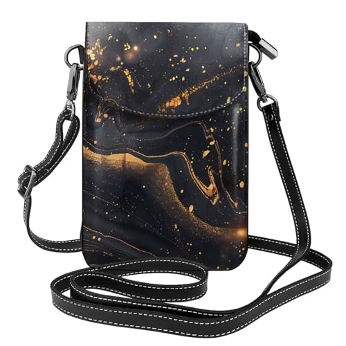 YYHWHJDE Schwarz Golden Marble Ink Bild Damen Handy mit Leder Vorhaut Crossbody Flip Cover Kleiner Verstellbarer Schultergurt von YYHWHJDE