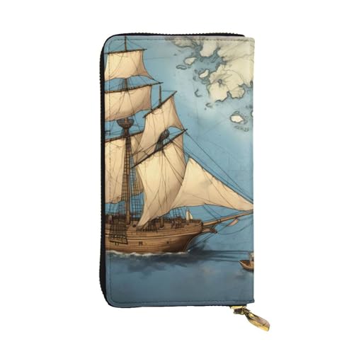 YYHWHJDE Segelboot Drifting on The Sea Map Pattern Quality Leather Long Clutch Wallet Designed for Fashion Girls and Women Stylish 19.0 cm x 10.5 cm, Schwarz , Einheitsgröße von YYHWHJDE