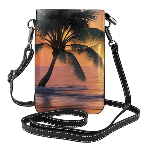 YYHWHJDE Sonnenuntergang Palme _ Bild Damen Handy mit Leder Vorhaut Crossbody Flip Cover Kleiner Verstellbarer Schultergurt von YYHWHJDE