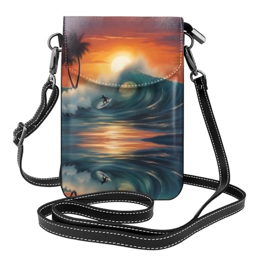 YYHWHJDE Sunset Sea Surfing Seascape Picture Damen Handy mit Leder Vorhaut Crossbody Flip Cover Kleiner Verstellbarer Schultergurt von YYHWHJDE