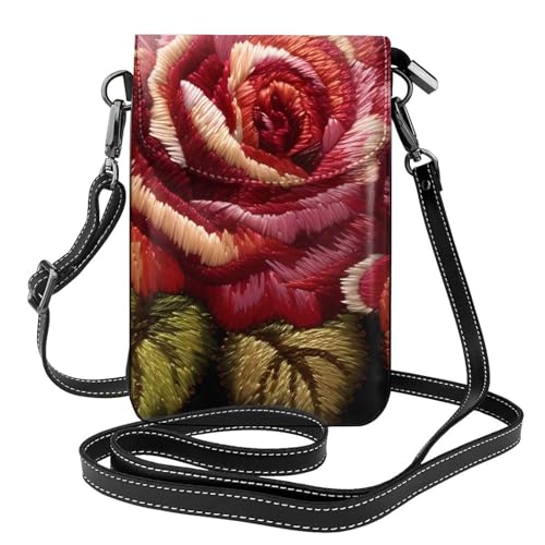 YYHWHJDE Ukrainische Stickerei Stil Rose Bild Damen Handy mit Leder Vorhaut Crossbody Flip Cover Kleiner Verstellbarer Schultergurt von YYHWHJDE