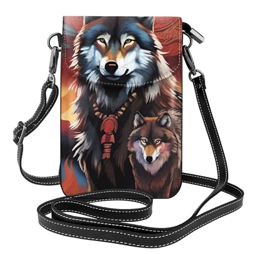 YYHWHJDE Wolf Totem With Fire Picture Damen Handy mit Leder Vorhaut Crossbody Flip Cover Kleiner Verstellbarer Schultergurt von YYHWHJDE