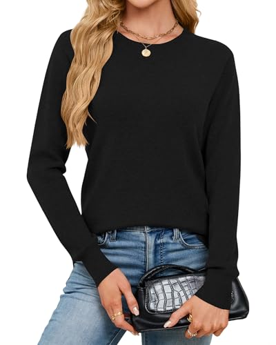 YYIDATON Damen Pullover Wolle Blend Langarm Rundhals Pulli Casual Classic Merinomischung Strickpullover Elegant Frühjahr Winter Pullover Oberteile (Schwarz, Medium) von YYIDATON