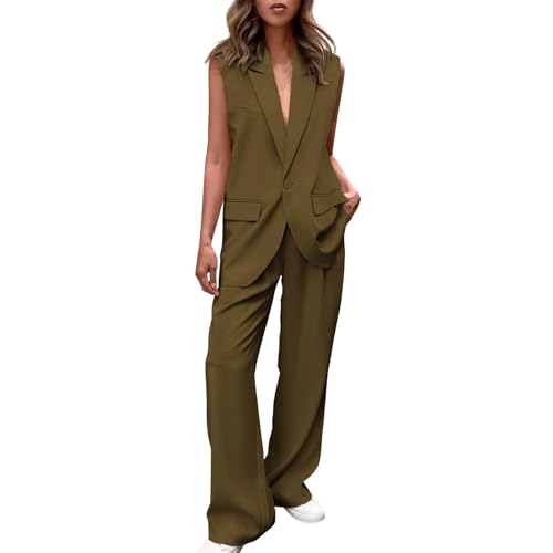 YYNUDA 2-teiliges Outfit Damen Hosenanzug Sommer Büro Elegant Set Bussiness Anzug Mit Taschen Einfarbig Festlich Streetwear Anzüge Casual Leicht Anzug Braun L von YYNUDA
